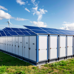 Inverter with solar panels on a green field